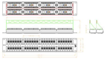 Патч-панель 19 (2U), 48 портов RJ-45, категория 5e, Dual IDC, с задним кабельным организатором.<br />Чертеж патч-панели.